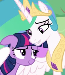 Size: 725x833 | Tagged: safe, screencap, princess celestia, twilight sparkle, alicorn, pony, g4, season 9, the ending of the end, cropped, cute, cutelestia, duo, duo female, female, hug, mare, momlestia, smiling, twiabetes, twilight sparkle (alicorn), winghug, wings