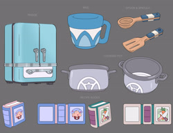 Size: 3300x2550 | Tagged: safe, artist:vivian lieu, g5, my little pony: make your mark, official, leak, spoiler:g5, concept art, cooking pot, high res, mug, refrigerator, spatula, spoon