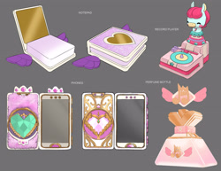 Size: 3300x2550 | Tagged: safe, artist:vivian lieu, g5, my little pony: make your mark, official, leak, spoiler:g5, cellphone, concept art, high res, notepad, perfume, phone, record player, smartphone