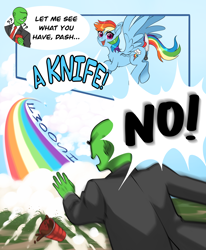 Size: 3500x4250 | Tagged: safe, artist:taytinabelle, artist:top plush, rainbow dash, oc, oc:anon, human, pegasus, pony, g4, butt, butt hold, chest fluff, cup, cute, dialogue, dock, ear fluff, female, flying, knife, looking at you, male, mare, meme, no, onomatopoeia, open mouth, plot, ponified, ponified meme, question mark, rainbow trail, silly, smiling, sound effects, spilled drink, spread wings, tail, vine video, wings