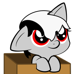 Size: 2000x2000 | Tagged: safe, artist:djspacer, oc, oc only, oc:kyo, pony, big ears, black and white mane, box, cute, eyelashes, female, filly, foal, gray coat, high res, hooves, looking up, one ear down, pony in a box, red eyes, simple background, solo, transparent background, vector