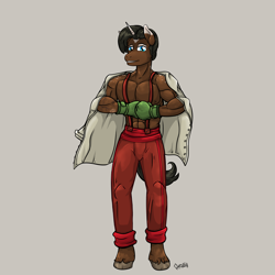 Size: 5333x5333 | Tagged: safe, artist:ghouleh, oc, oc only, unicorn, anthro, boxing, clothes, coat, freckles, male, partial nudity, scar, smiling, solo, sports, stallion, suspenders, topless