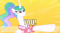 Size: 1920x1080 | Tagged: safe, edit, edited screencap, screencap, princess celestia, alicorn, pony, g4, caption, fine print, image macro, lyrics, pointing, solo, soulja boy, text, you