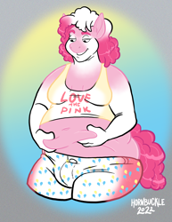 Size: 2550x3300 | Tagged: safe, artist:hornbuckle, pinkie pie, oc, oc:rachel, earth pony, human, anthro, series:lovethetf, g4, belly, belly button, belly grab, bubble berry, character to character, chubby, chubby cheeks, clothes, colored lineart, crotch bulge, fat, female to male, growth, high res, human oc, human to anthro, moobs, obese, rule 63, solo, transformation, transformation sequence, transforming clothes, transgender transformation, weight gain, weight gain sequence