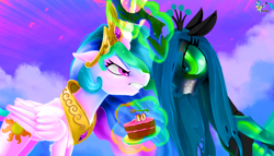 Size: 1920x1096 | Tagged: safe, artist:brainiac, princess celestia, queen chrysalis, alicorn, changeling, changeling queen, pony, canterlot wedding 10th anniversary, a canterlot wedding, g4, 10th anniversary, cake, cakelestia, digital painting, female, food, glowing, glowing horn, gritted teeth, horn, levitation, looking at each other, looking at someone, magic, mare, scene interpretation, teeth, telekinesis, that pony sure does love cakes
