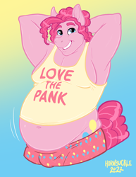 Size: 2550x3300 | Tagged: safe, artist:hornbuckle, pinkie pie, earth pony, anthro, series:lovethetf, g4, armpits, belly, belly button, bhm, bubble berry, character to character, chubby, chubby cheeks, clothes, colored lineart, crotch bulge, fat, female to male, grin, high res, human to anthro, male, moobs, obese, rule 63, smiling, solo, transformation, transformation sequence, transgender transformation, weight gain, weight gain sequence