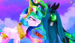 Size: 1920x1096 | Tagged: source needed, safe, alternate version, artist:brainiac, princess celestia, queen chrysalis, alicorn, changeling, changeling queen, pony, canterlot wedding 10th anniversary, a canterlot wedding, g4, 10th anniversary, crown, digital painting, female, glowing, glowing horn, gritted teeth, horn, jewelry, levitation, looking at each other, looking at someone, magic, mare, nintendo switch, regalia, scene interpretation, switch controller, teeth, telekinesis