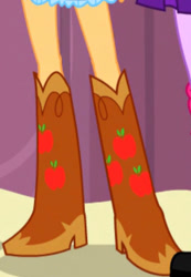 Size: 446x645 | Tagged: safe, applejack, human, equestria girls, g4, my little pony equestria girls, boots, boots shot, clothes, cowboy boots, cutie mark on clothes, high heel boots, legs, pictures of legs, shoes, skirt, solo