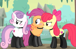 Size: 2027x1297 | Tagged: safe, artist:anonymous, edit, edited screencap, screencap, apple bloom, scootaloo, sweetie belle, earth pony, pegasus, pony, unicorn, growing up is hard to do, blushing, choker, clothes, cutie mark crusaders, female, latex, latex socks, mare, older, older apple bloom, older cmc, older scootaloo, older sweetie belle, pet tag, socks, sweat, thigh highs