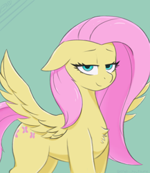 Size: 3500x4039 | Tagged: safe, artist:endo, fluttershy, pegasus, pony, g4, bedroom eyes, chest fluff, female, floppy ears, green background, looking at you, simple background, smiling, smug, smugshy, solo, wings