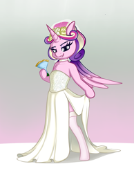 Size: 1215x1569 | Tagged: safe, artist:andelai, princess cadance, alicorn, semi-anthro, canterlot wedding 10th anniversary, g4, alternate hairstyle, arm hooves, bipedal, clothes, colored wings, dress, female, horn, mare, multicolored hair, multicolored mane, multicolored wings, simple background, skirt, skirt pull, socks, solo, spread wings, thigh highs, wedding dress, wedding veil, wings