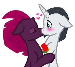 Size: 486x434 | Tagged: safe, artist:decokenite, artist:secret monsters, chancellor neighsay, fizzlepop berrytwist, tempest shadow, pony, unicorn, g4, blushing, broken horn, duo, eyes closed, eyeshadow, female, floppy ears, flower, heart, horn, kiss on the lips, kissing, makeup, male, mare, rose, shipping, shocked, shocked expression, shocked eyes, simple background, sitting, stallion, straight, tempest neighsay, white background