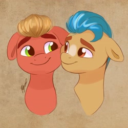 Size: 3189x3189 | Tagged: safe, artist:haruh_ink, hitch trailblazer, sprout cloverleaf, earth pony, pony, g5, bust, cheek squish, cheek to cheek, cute, duo, floppy ears, gay, green eyes, high res, hitchbetes, male, markings, ship:clovertrail, shipping, sproutbetes, squishy cheeks, stallion