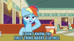Size: 1024x576 | Tagged: safe, edit, edited screencap, screencap, honey curls, mare e. lynn, rainbow dash, pony, g4, the saddle row review, booth, caption, diner, female, image macro, mare, meme, solo focus, text, we don't normally wear clothes