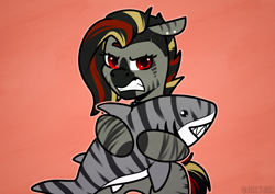 Size: 4093x2894 | Tagged: safe, artist:jellysketch, oc, oc only, oc:bg, oc:bloody gash, oc:ruby blood, hybrid, shark, zony, fallout equestria, fallout equestria: equestria the beautiful, angry, black hooves, black mane, blaze (coat marking), choker, coat markings, collar, colored, commission, cute, digital art, ear piercing, ears back, facial markings, fallout equestria oc, fangs, female, filly, fins, foal, glare, gold mane, gray coat, gritted teeth, growling, grumpy, highlights, holding, hooves, leather, looking at you, mohawk, multicolored hair, nose wrinkle, piercing, plushie, protecting, red eyes, red mane, scrunchy face, sharp teeth, shaved head, sidehawk, simple background, snarling, solo, stripes, studded choker, teenager, teeth, toy, zony oc