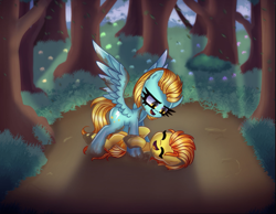 Size: 907x704 | Tagged: safe, artist:opal_radiance, lightning dust, spitfire, pegasus, pony, g4, duo, duo female, eyes closed, female, fun, lying down, mare, mud, on back, open mouth, open smile, playing, smiling, spread wings, wings