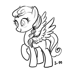 Size: 1136x1136 | Tagged: safe, artist:starfallmoonlight, oc, oc only, pegasus, pony, black and white, female, grayscale, lineart, monochrome, solo, stand, wings