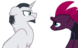 Size: 636x392 | Tagged: safe, artist:decokenite, chancellor neighsay, fizzlepop berrytwist, tempest shadow, pony, unicorn, g4, angry, broken horn, chest fluff, duo, ears back, female, horn, looking at someone, male, mare, shipping, simple background, sitting, stallion, straight, tempest neighsay, tunic, white background