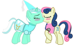 Size: 704x426 | Tagged: safe, artist:darlycatmake, bon bon, lyra heartstrings, sweetie drops, earth pony, pony, unicorn, g4, blushing, clothes, dress, dressup, eyes closed, female, happy, hennin, kissing, knight, knight rescues the princess, lesbian, lyra is amused, princess, princess lyra heartstrings, raised hoof, ship:lyrabon, shipping, simple background, together, transparent background
