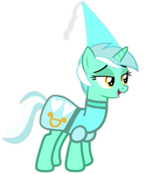 Size: 365x442 | Tagged: safe, artist:darlycatmake, lyra heartstrings, pony, unicorn, g4, amused, clothes, cute, dress, dressup, happy, hennin, lidded eyes, looking at someone, looking at something, lyra is amused, lyrabetes, open mouth, princess, princess lyra heartstrings, simple background, smiling, solo, transparent background