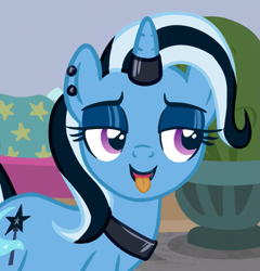 Size: 625x651 | Tagged: safe, artist:anonymous, derpibooru exclusive, edit, edited edit, edited screencap, screencap, trixie, pony, unicorn, a horse shoe-in, g4, altered cutie mark, bedroom eyes, cropped, dyed mane, dyed tail, ear piercing, eyeshadow, female, goth, horn, horn ring, jewelry, lidded eyes, lipstick, makeup, mare, open mouth, open smile, piercing, ring, smiling, solo, tail, tongue out
