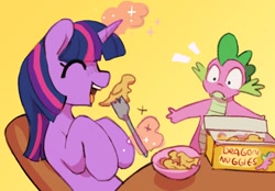 Size: 1700x1186 | Tagged: safe, artist:orchidpony, spike, twilight sparkle, dragon, pony, unicorn, g4, cute, duo, eating, eyes closed, food, fork, glowing, glowing horn, horn, magic, meat, ponies eating meat, telekinesis, twiabetes, unicorn twilight