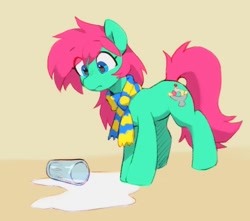 Size: 1130x997 | Tagged: safe, artist:orchidpony, oc, oc only, oc:minty split, earth pony, pony, clothes, glass, meme, scarf, solo, spill, spilled milk, striped scarf