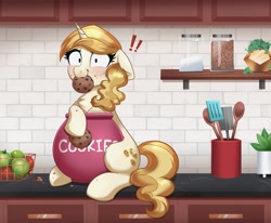 Size: 4000x3298 | Tagged: safe, alternate version, artist:confetticakez, sweet biscuit, pony, unicorn, g4, !!!, adorabiscuit, apple, blushing, caught, chest fluff, cookie, cookie jar, cookie thief, cute, eating, exclamation point, female, floppy ears, food, jar, kitchen, looking at you, mare, solo, spatula, spoon