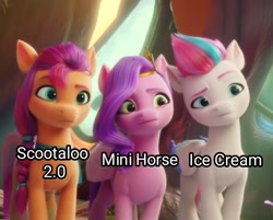 Size: 648x520 | Tagged: safe, edit, edited screencap, screencap, pipp petals, sunny starscout, zipp storm, earth pony, pegasus, pony, g5, my little pony: a new generation, spoiler:my little pony: a new generation, female, fit right in (g5), implied scootaloo, mare, nickname, pipp is short, trio
