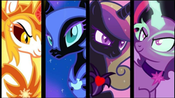 Size: 1080x610 | Tagged: editor needed, source needed, safe, artist:neodarkwing, edit, daybreaker, nightmare moon, princess cadance, princess celestia, princess luna, twilight sparkle, alicorn, pony, equestria girls, g4, my little pony equestria girls: friendship games, alicorn tetrarchy, corrupted, equestria girls ponified, evil, evil sisters, female, glowing, glowing horn, high quality, horn, low quality, lowres, mane of fire, mare, midnight sparkle, nightmare cadance, nightmare heart, nightmarified, ponified, show accurate, twilight sparkle (alicorn), wings