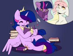 Size: 2178x1676 | Tagged: safe, artist:pledus, princess celestia, twilight sparkle, oc, oc:princess morning star, alicorn, pony, g4, adorable face, alicorn oc, alicorn princess, book, commissioner:bigonionbean, crown, cute, decorating, dialogue, female, fusion, fusion:princess celestia, fusion:twilight sparkle, heart, horn, jewelry, mane, mare, not twilight sparkle, reading, regalia, royalty, sigh, spread wings, stack, thought bubble, twilight sparkle (alicorn), wings, writer:bigonionbean