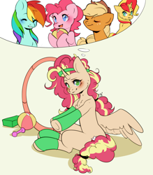 Size: 2628x3000 | Tagged: safe, artist:pledus, applejack, pinkie pie, rainbow dash, sunset shimmer, oc, oc:queen motherly morning, alicorn, earth pony, pegasus, pony, unicorn, g4, alicorn oc, ball, blushing, clothes, cowboy hat, female, fusion, fusion:applejack, fusion:pinkie pie, fusion:rainbow dash, fusion:sunset shimmer, hat, headband, high res, horn, loop-de-hoop, socks, spread wings, stetson, sweat, thought bubble, weights, wings