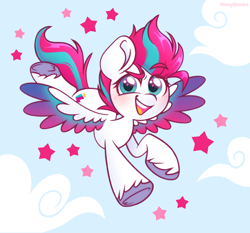 Size: 2670x2491 | Tagged: safe, artist:ninnydraws, zipp storm, pegasus, pony, g5, abstract background, adorazipp, blushing, cloud, cute, female, flying, heart eyes, high res, looking at you, mare, open mouth, open smile, sky background, smiling, smiling at you, solo, spread wings, stars, unshorn fetlocks, wingding eyes, wings