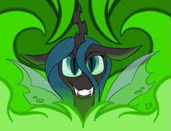 Size: 521x401 | Tagged: safe, artist:feather_bloom, queen chrysalis, changeling, changeling queen, canterlot wedding 10th anniversary, g4, changeling wings, detailed background, evil smile, fangs, female, fire, green eyes, green fire, grin, laughing, old art, smiling, solo, symmetrical, teeth, wings