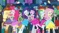 Size: 600x336 | Tagged: safe, screencap, applejack, curly winds, fluttershy, pinkie pie, rainbow dash, rarity, sandalwood, some blue guy, spike, spike the regular dog, twilight sparkle, wiz kid, dog, human, equestria girls, g4, my little pony equestria girls, ^^, animated, balloon, bare shoulders, boots, bracelet, clothes, cowboy boots, cowboy hat, dress, eyes closed, fall formal outfits, female, fingerless gloves, gif, gloves, hairpin, hat, hug, humane five, humane six, jewelry, legs, male, open mouth, open smile, shoes, skirt, sleeveless, sleeveless dress, smiling, spike the dog, strapless, twilight ball dress