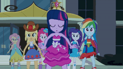 Size: 600x336 | Tagged: safe, screencap, applejack, fluttershy, pinkie pie, rainbow dash, rarity, twilight sparkle, human, equestria girls, g4, my little pony equestria girls, animated, bare shoulders, belt, big crown thingy, boots, canterlot high, clothes, cowboy hat, cutie mark on clothes, element of magic, eyes closed, fall formal outfits, female, fingerless gloves, gif, gloves, hat, holy moly!, humane five, humane six, jewelry, open mouth, regalia, shocked, shoes, sleeveless, speed lines, strapless, yikes