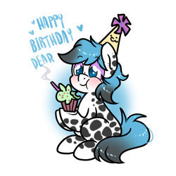 Size: 1000x1000 | Tagged: safe, artist:paperbagpony, oc, oc:dot, earth pony, pony, blushing, candle, cupcake, cute, earth pony oc, eating, food, happy birthday, hat, ocbetes, party hat, simple background, white background