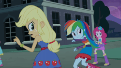 Size: 600x336 | Tagged: safe, screencap, applejack, fluttershy, pinkie pie, rainbow dash, rarity, equestria girls, g4, my little pony equestria girls, animated, bare shoulders, belt, boots, bracelet, canterlot high, clothes, cowboy boots, cute, dress, fall formal outfits, female, fingerless gloves, gif, gloves, hat, high heel boots, jewelry, night, offscreen character, open mouth, scared, shoes, shyabetes, sleeveless, strapless, top hat