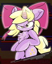 Size: 1000x1228 | Tagged: safe, artist:malachimoet, dinky hooves, pony, unicorn, semi-anthro, equestriabound, g4, angry, arm hooves, bipedal, bow, crossover, earthbound, epic, hair bow, looking at you