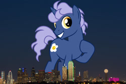 Size: 1600x1066 | Tagged: safe, artist:cheezedoodle96, artist:thegiantponyfan, edit, midnight snack (g4), pony, unicorn, g4, dallas, friendship student, giant pony, giant unicorn, grin, highrise ponies, hoof on chest, irl, looking at you, macro, male, mega giant, night, photo, ponies in real life, smiling, stallion, texas