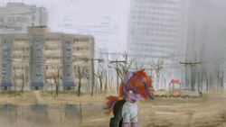 Size: 1920x1080 | Tagged: safe, artist:menalia, oc, oc only, unnamed oc, earth pony, pony, building, clothes, female, hair over one eye, looking away, mare, outdoors, pants, plattenbau, playground, power line, shirt, solo, standing, t-shirt, tree