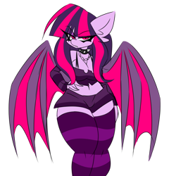 Size: 1280x1280 | Tagged: safe, artist:ladylullabystar, oc, oc only, oc:kissy missy, bat pony, anthro, clothes, goth, shorts, simple background, socks, solo, stockings, striped socks, thigh highs, transparent background