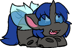 Size: 315x212 | Tagged: safe, artist:zutcha, oc, oc only, oc:swift dawn, changeling, blue changeling, blue eyes, changeling oc, commission, cute, eye clipping through hair, fangs, happy, horn, lying, lying down, male, ocbetes, ponyloaf, prone, simple background, smiling, solo, transparent background, wings, ych result