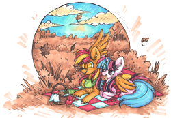 Size: 1704x1181 | Tagged: safe, artist:tay-niko-yanuciq, oc, oc only, pegasus, pony, apple, basket, clothes, duo, ear fluff, eye clipping through hair, food, lying down, mouth hold, outdoors, pegasus oc, picnic, picnic basket, picnic blanket, prone, scarf, simple background, transparent background