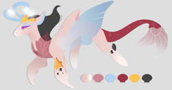 Size: 5511x2880 | Tagged: safe, artist:ryrxian, oc, oc only, draconequus, pony, draconequus oc, gray background, interspecies offspring, offspring, parent:discord, parent:queen novo, reference sheet, simple background, smiling, solo