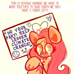 Size: 1280x1280 | Tagged: safe, artist:sockiepuppetry, fluttershy, pegasus, pony, g4, climate change, crying, current events, earth, female, heart, heart eyes, mare, sign, solo, wingding eyes