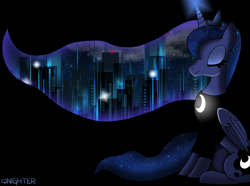 Size: 2650x1974 | Tagged: safe, artist:qnighter, princess luna, alicorn, pony, g4, building, clothes, cloud, crown, eyes closed, female, glowing horn, horn, lights, long sleeves, magic, mare, moon, new york city, night, regalia, shirt, sitting, solo, starry mane, stars