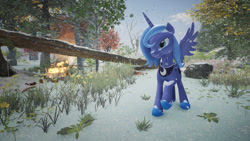 Size: 1280x720 | Tagged: safe, artist:fantom.ent, princess luna, alicorn, pony, g4, 3d, forest, frost, grass, photo, s1 luna, snow, snowfall, solo, tree, unreal engine