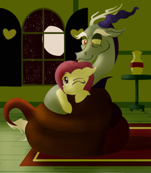Size: 2100x2400 | Tagged: safe, artist:sixes&sevens, discord, fluttershy, draconequus, pegasus, pony, g4, carpet, coiling, coils, cuddling, duo, duo male and female, female, fluttershy's cottage, forked tongue, high res, male, moon, night, one eye closed, ship:discoshy, shipping, smiling, snake hug, snuggling, stars, straight, tongue out, vase