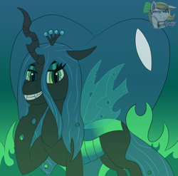 Size: 1215x1200 | Tagged: safe, artist:gray star, queen chrysalis, changeling, changeling queen, canterlot wedding 10th anniversary, g4, female, fire, grin, heart, smiling